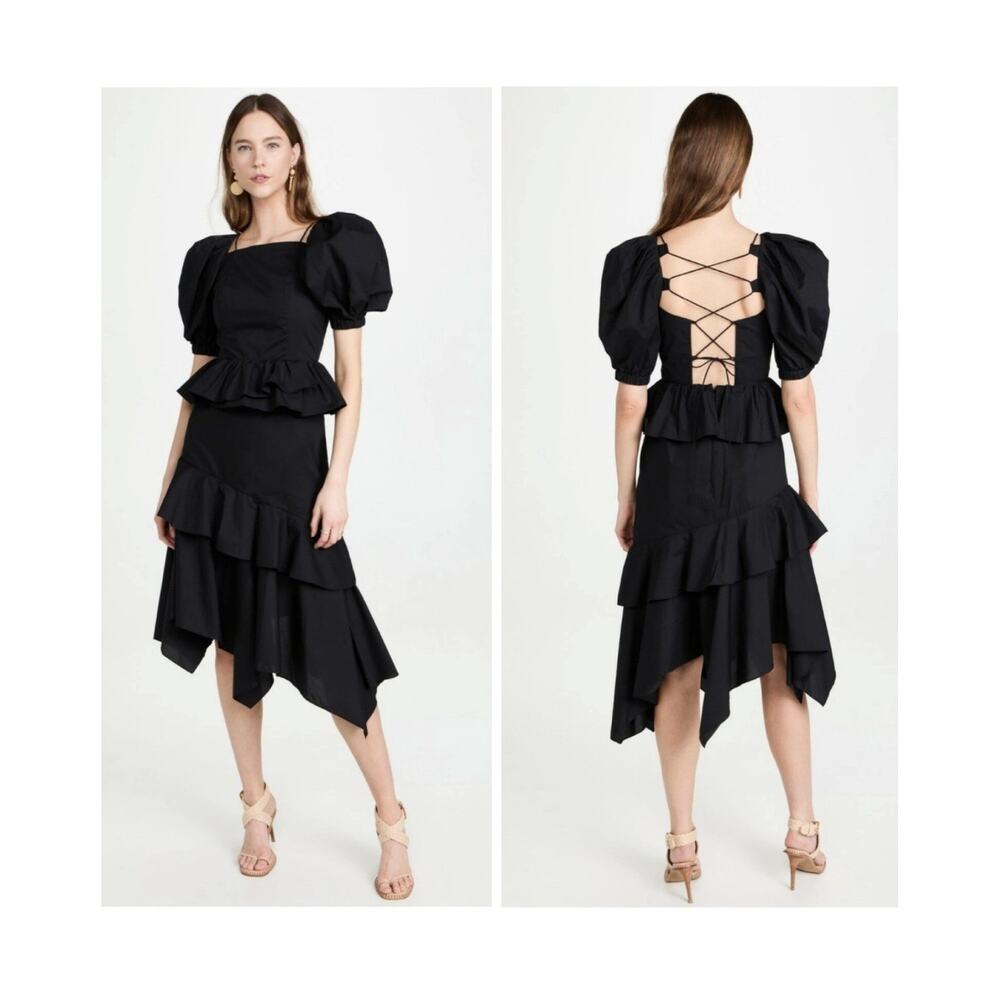 Ulla Johnson Marie Dress Black Puff Sleeve Ruffle Open Back Midi Dress Size 00